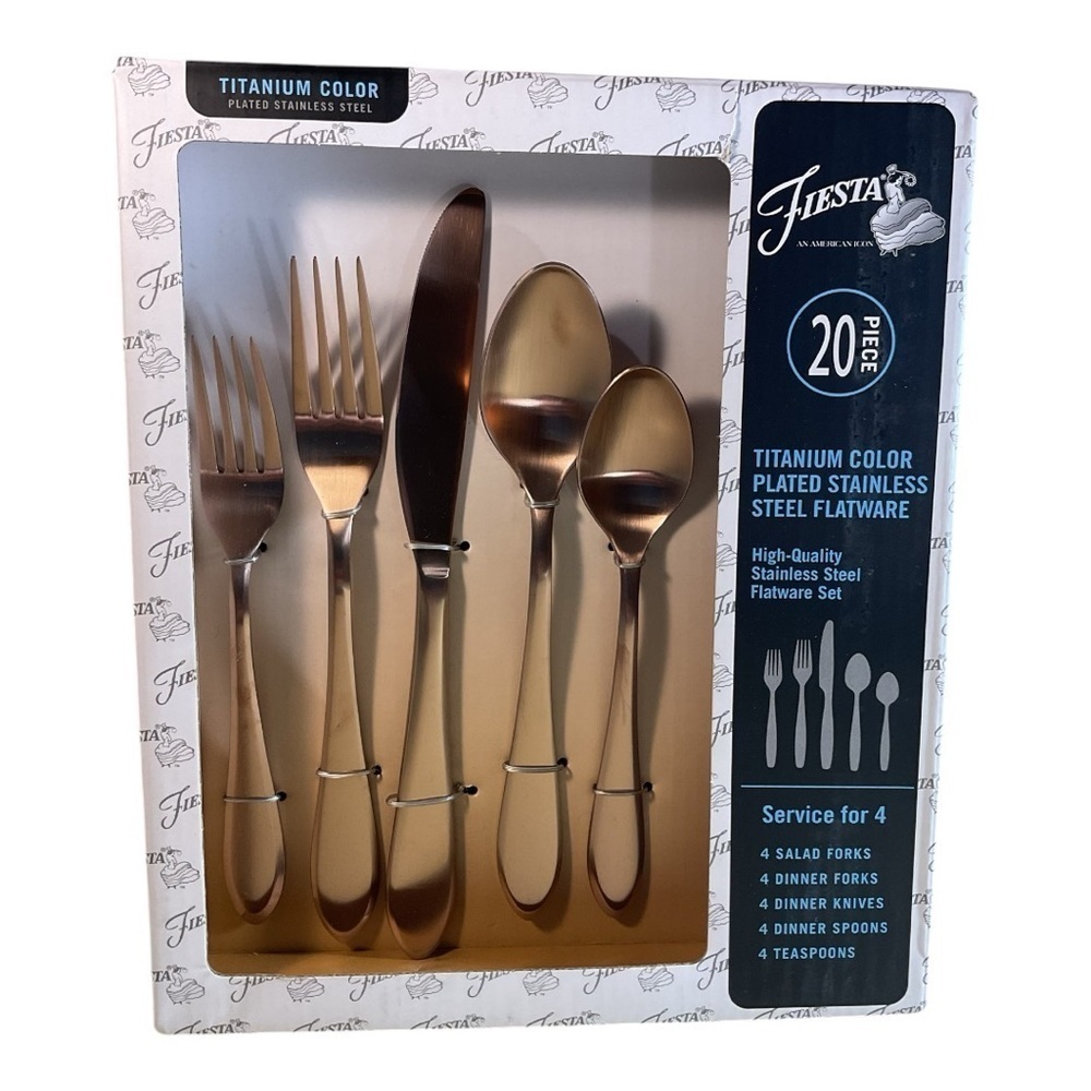 Fiesta Gold Flatware Set 20 Pc Titanium Stainless Steel Service for 4 NWT